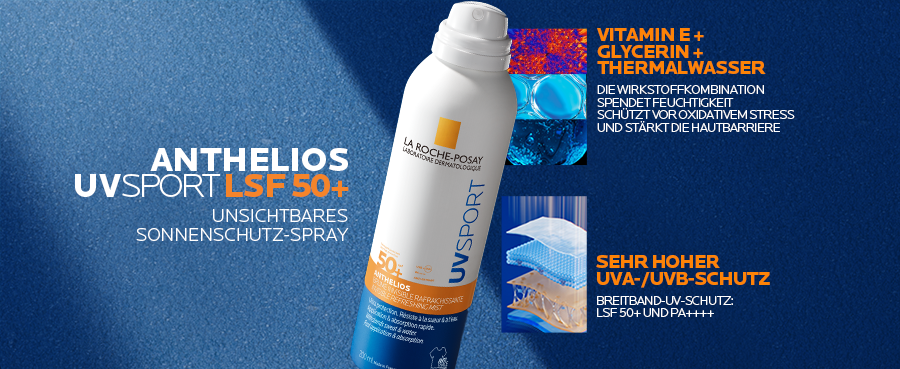 La Roche Posay Anthelios UV Sport Sonnenspray LSF 50+. Nr. 1 von Dermatologen empfohlene Sonnenschutzmarke weltweit. Weißer Pumpspray schwebt über einer Hand.